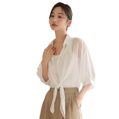Chiffon sunscreen cardigan women's 2024 summer white quarter sleeves thin shawl outer shirt top coat