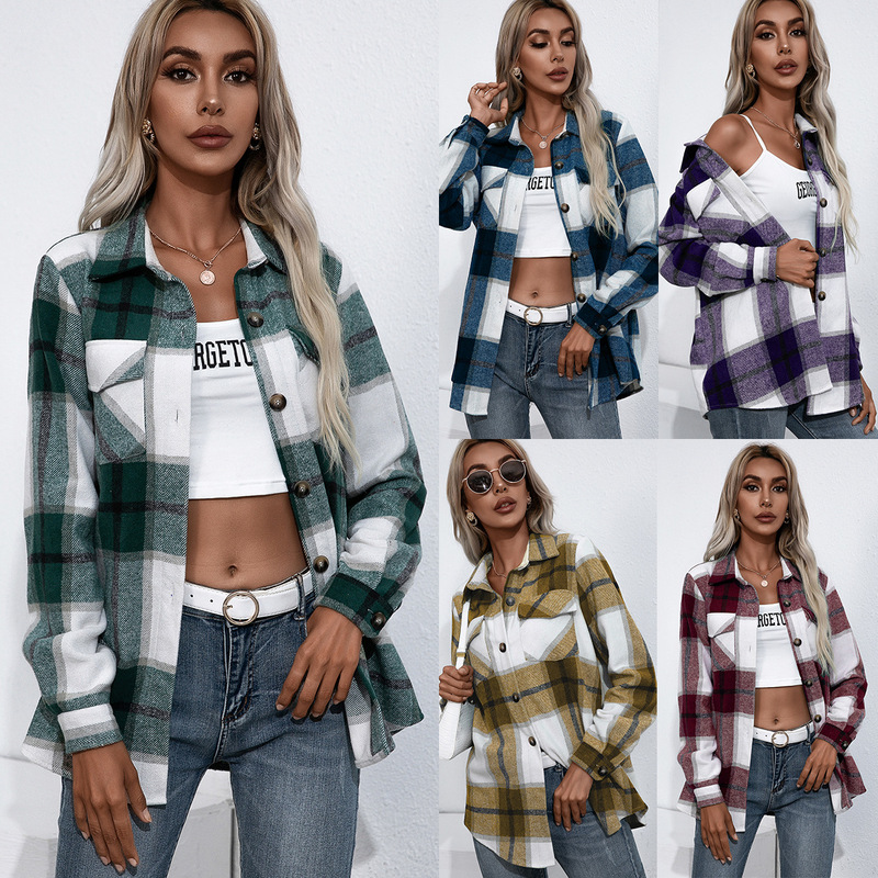 Foreign Trade wish European and American Autumn and Winter Long Sleeve Thickened Cashmere Plaid Top Loose Casual Shirt Coat Women