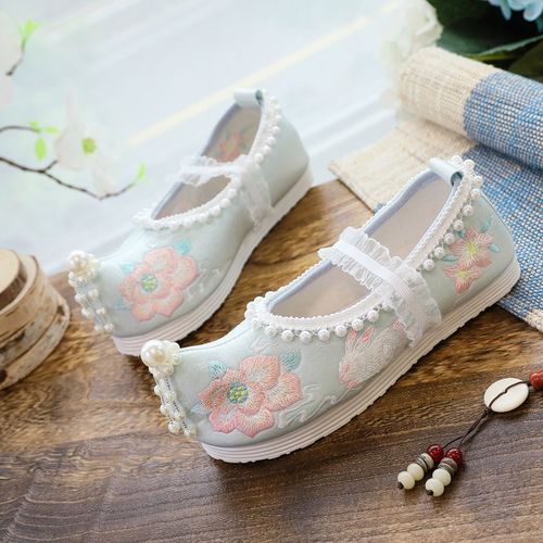  princess pearl elements Chinese hanfu fairy princess shoes flat shoes breathable a pedal chinese folk dance cosplay shoes embroidered clothing shoes of the girls
