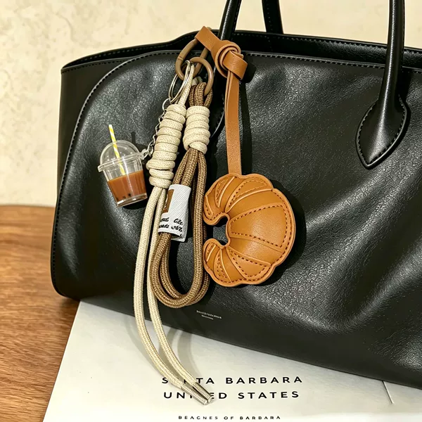 Cross-Border Leather Croissant Bag Milk Tea Coffee Ice Cream Accessories Pendant Bag Pendant Handmade Woven Rope Keychain