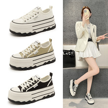 厚底增高帆布鞋女2025新款真皮百搭熊猫系带休闲运动鞋松糕鞋
