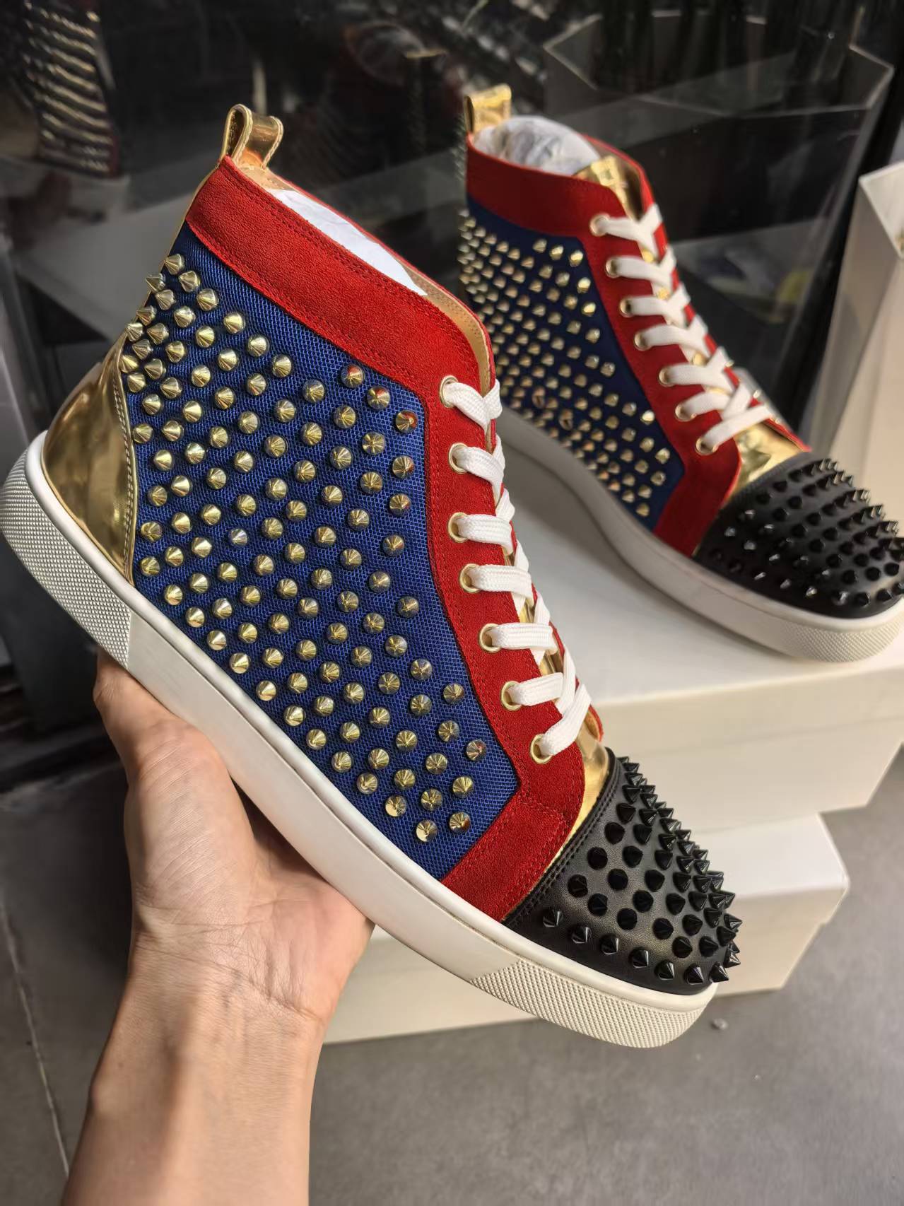 New Personalized Studded High-top Sneakers In Red Blue Contrasting Colors, Genuine Leather Trendy Shoes, Couple's Style,_voghion.com