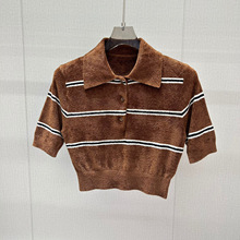 南油高端货精品时髦女装刺绣字母条纹短装polo衫修身气质名媛风