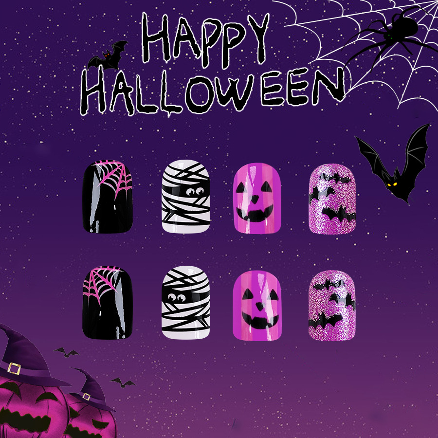 Short bright face flash Halloween grimace bat cobweb nail patch sweet cute ladies 24 pieces_voghion.com