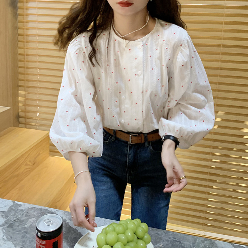 French Retro Floral Dark Fabric Double-breasted Slim White Shirt Women's Summer New Elegant Niche Top