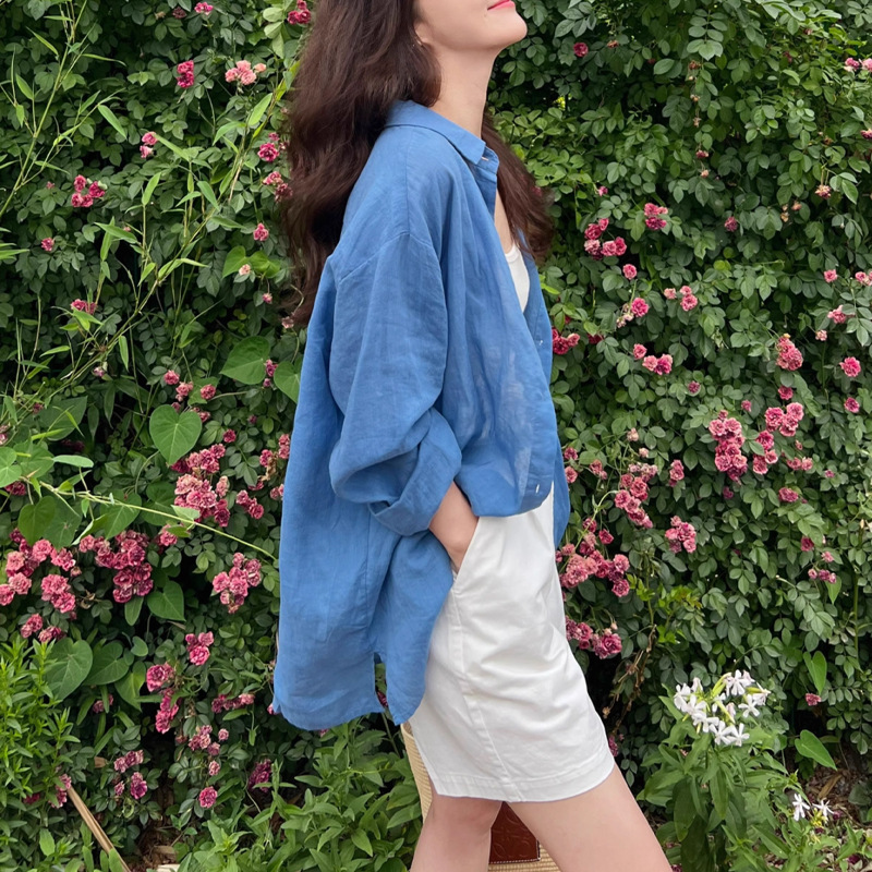French-style relaxed fit shirt, thin ramie loose fit sun protection shirt, Nice blue cotton and linen women's shirt.