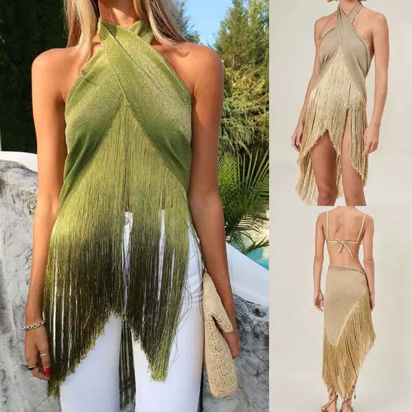 In-Stock Cross-Border European and American Fashion Sexy New Style Multi-Wear Halter Neck Women's Long Sequin Tassel Top Su4307