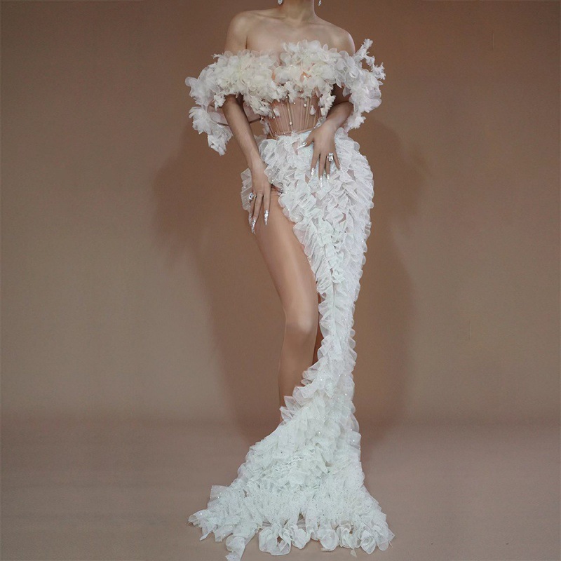 GC New Lace Sexy Hip Dress Pearl Floor-length Dress Nightclub Party Performance Mini Skirt