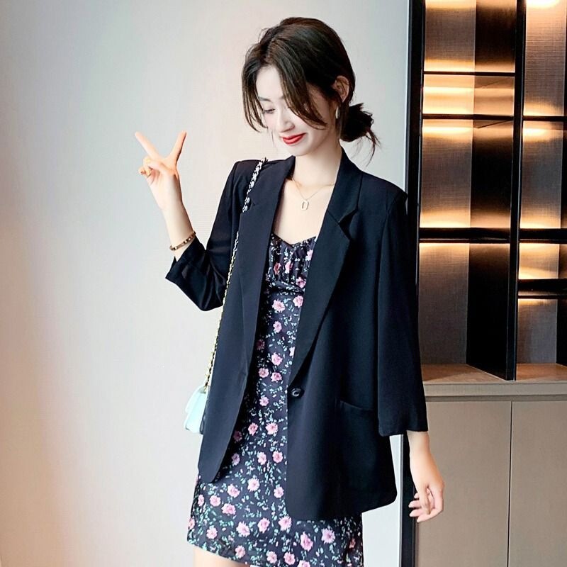 Elegant Black Chiffon Blazer for Women, Sun-Protective Casual Suit, Summer Loose Thin Jacket with a High-End Feel