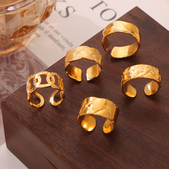 Trendy New Chinese-style Fashionable, Personalized, and Minimalist Jewelry: Geometric Texture Design, Titanium Steel with Gold Plating, Wide-Style Open-End Ring
