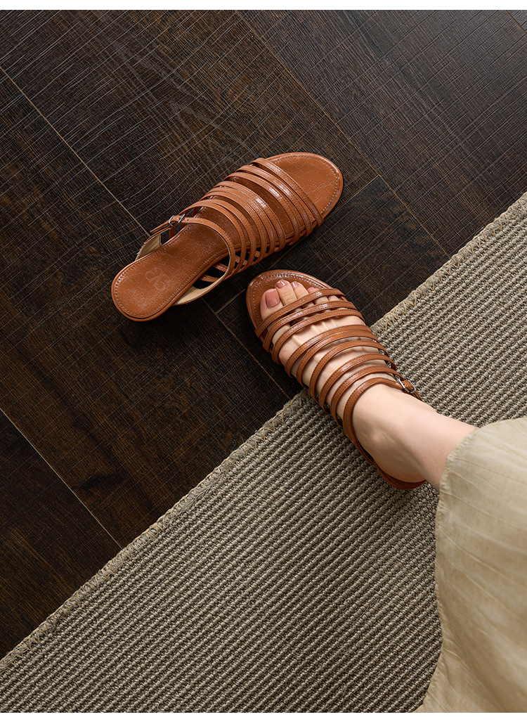 Dép sandal nữ quai chữ V đế bệt dây da bò phong cách La Mã — màu nâu chi tiết 7