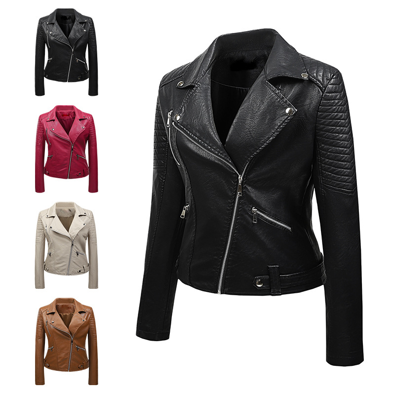 441g Weight Women's Elegant Streetwear Solid Color Zipper Zipper Leather Jacket Casual Jacket