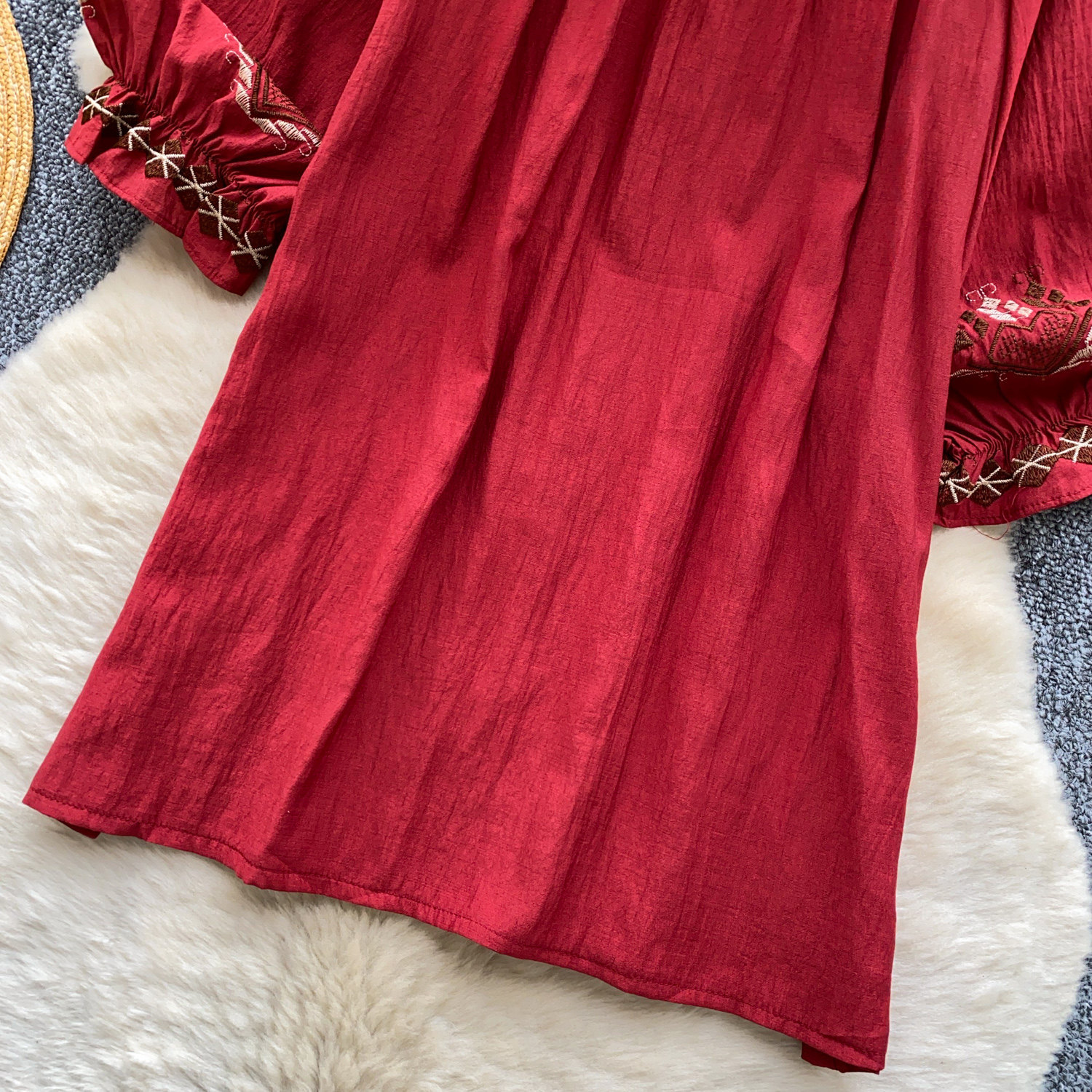 Elegant French Style Blouse for Women Red Embroidered Puff Sleeve Loose Fit Tie Waist Babydoll Top Spring Fashion_ecoleips.com