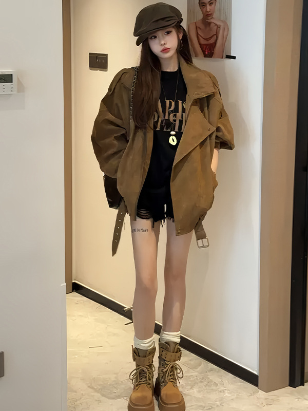 Retro Maillard Suede Motorcycle Jacket Women's Autumn Casual Loose Lapel Silhouette Work Jacket Top