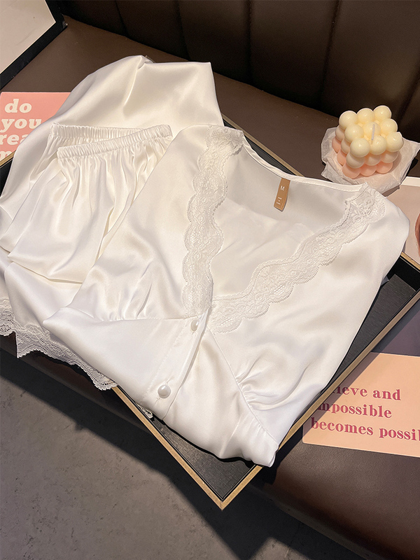 Silk Pajamas for Women in Spring, Autumn, and Summer - Solid White, Thin, Sweet Long Sleeve Set for Spring, Summer, and Autumn Silk Pajamas for Women in Spring, Autumn, and Summer - Solid White, Thin, Sweet Long Sleeve Set for Spring, Summer, and Autumn