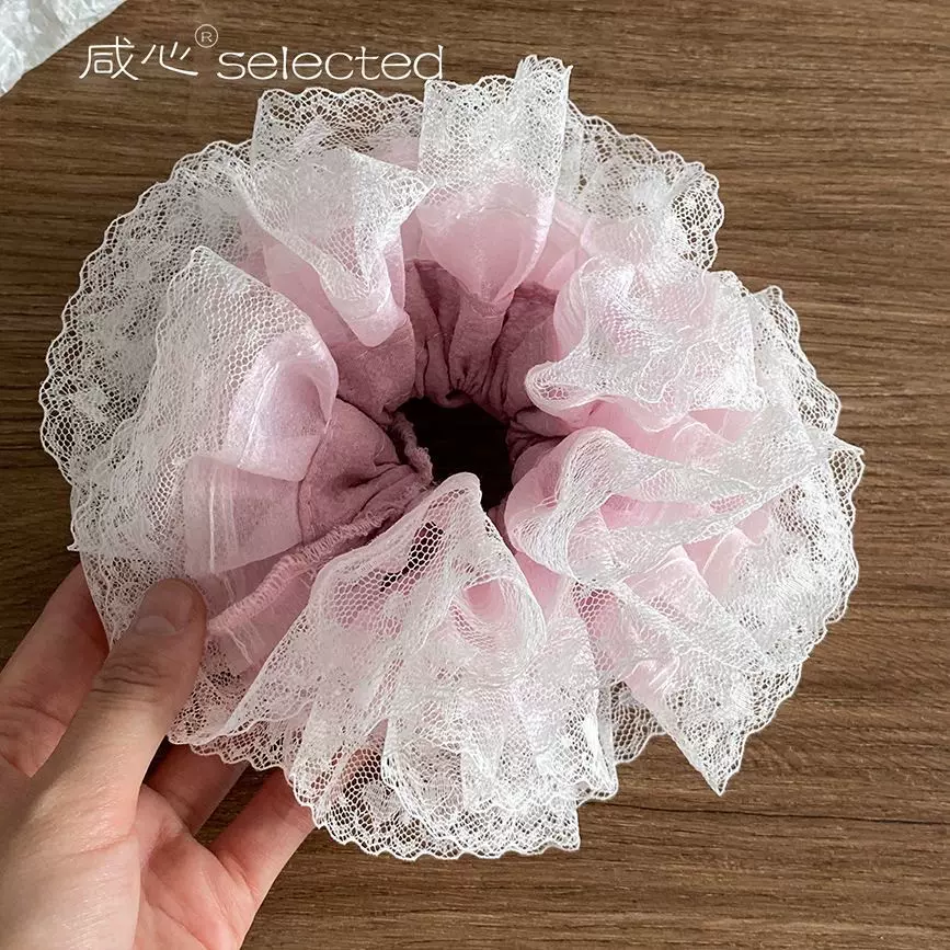 纯白爱心蕾丝花边大肠发圈法式气质高级感芭蕾少女丸子头花发绳女