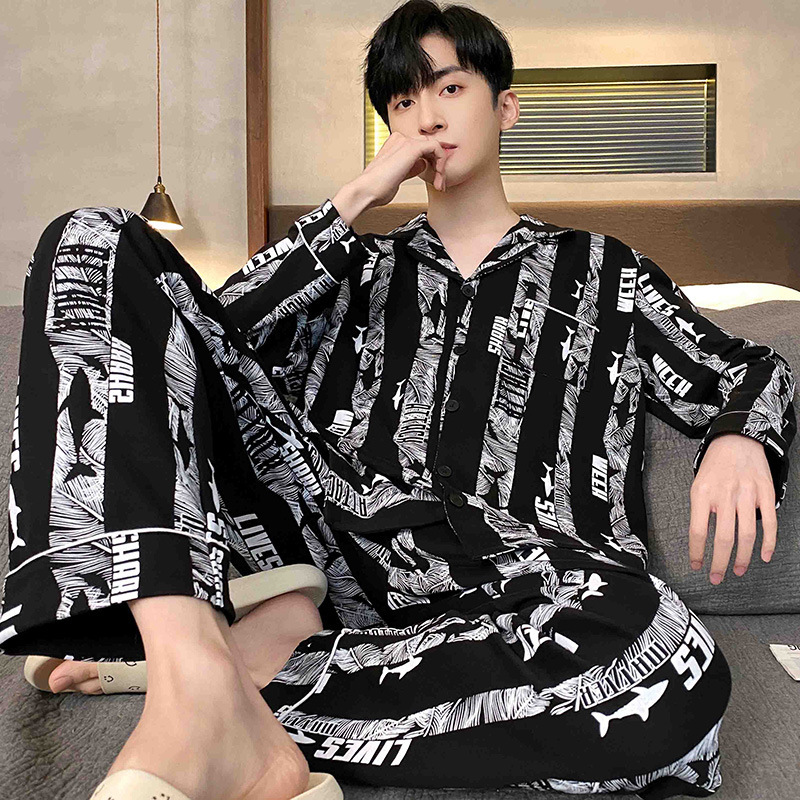 Pijamas de los hombres de primavera y otoño 100% algodón pantalones de manga larga delgada más tamaño de los hombres de alto grado traje de desgaste para el hogar