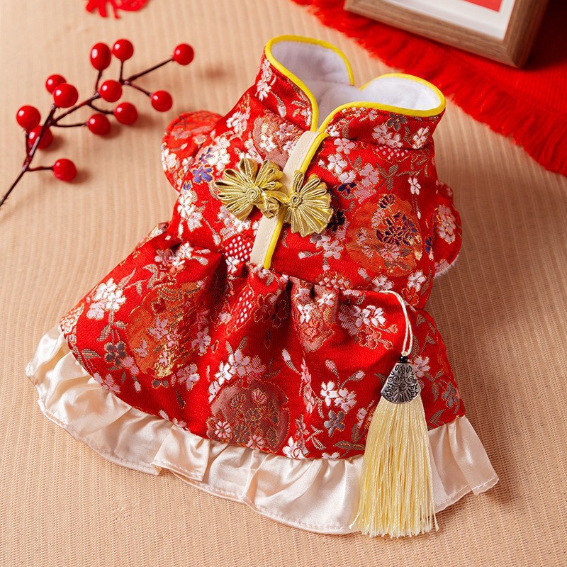 Ropa de Año Nuevo para gatos en invierno engrosado vestido de China mascota gatito gato muñecas de otoño y invierno gato azul camisa de Año Nuevo