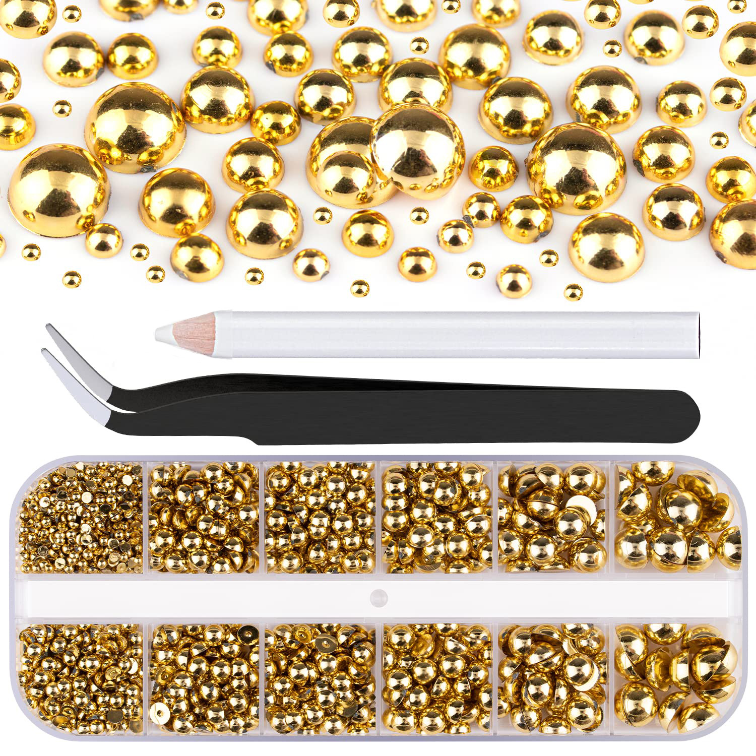Cross-Border 12-Grids Gold and Silver Manicure Flats-Bottomed Round Beads White Semi-Circular Pearls Including Tweezers Pencil Manicure Decoration Set