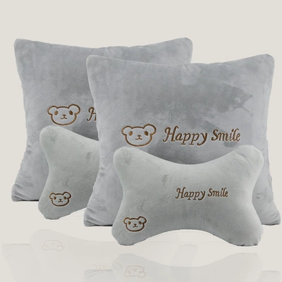 Headrest and Lumbar Support Set for Headrest - gray-crystal-velvet-four-piece-set-letter-bear-head