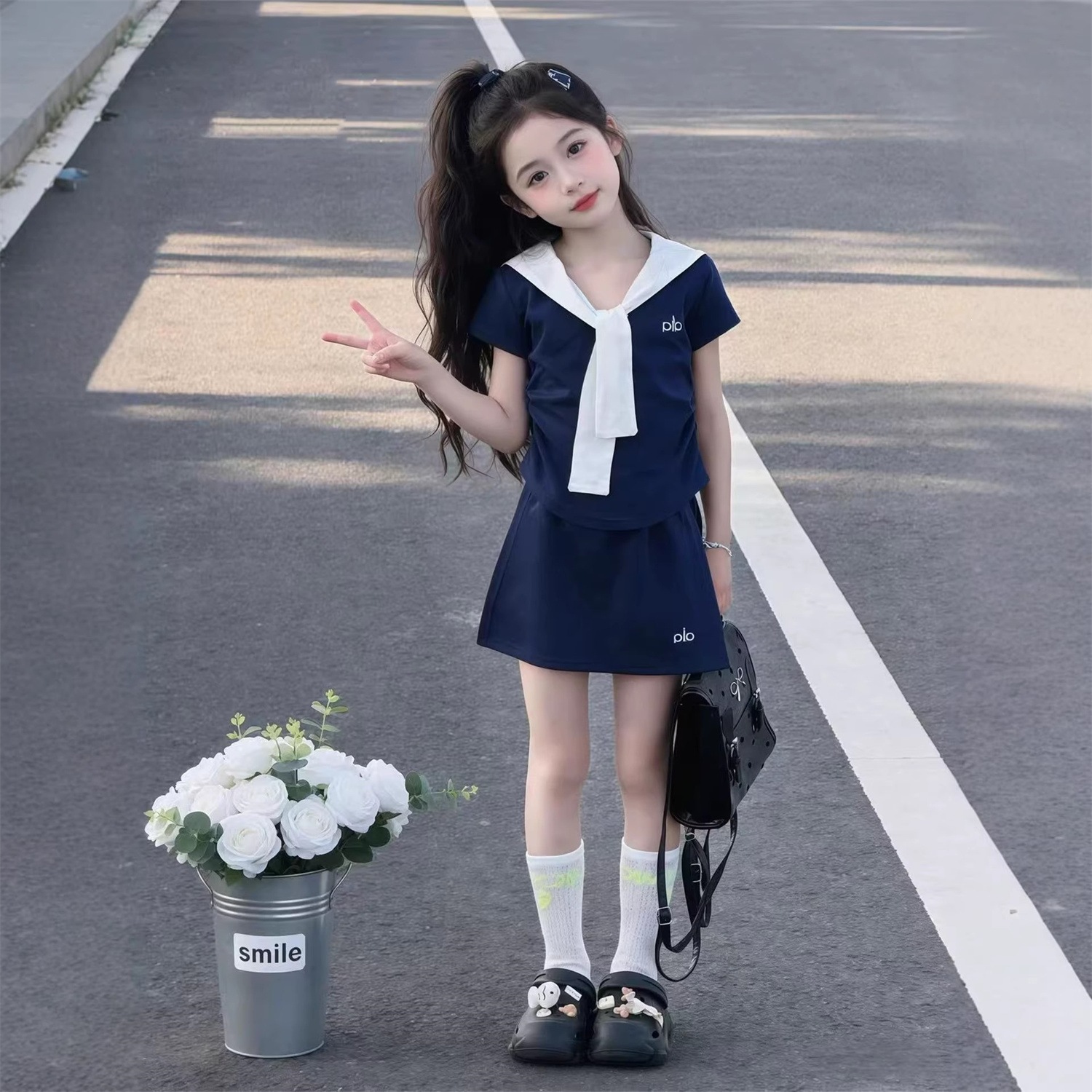 Girls' Summer Set: Stylish Two-Piece Set - Half-Length Skirt with Shawl and Short-Sleeved Top (Korean Style)