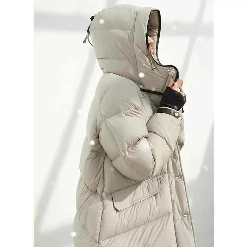 轻柔锁温白鸭绒羽绒服女2024新款冬季中长款连帽纯色休闲加厚外套