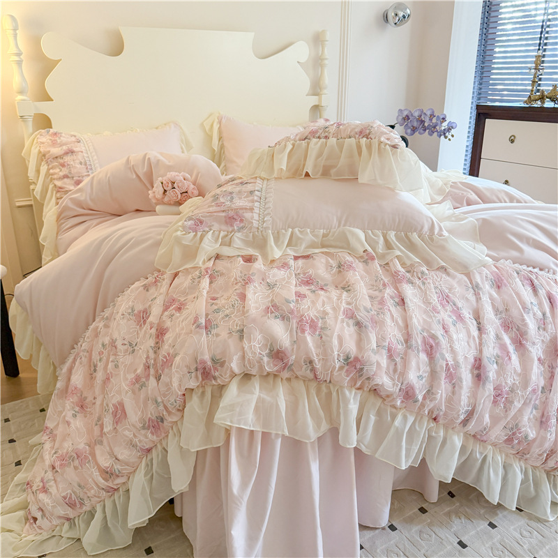 French Princess Style Washing Cotton Bed Four-piece Set Girl's Heart Lace Embroidered Quilt Cover Bed Sheet Three-piece Set