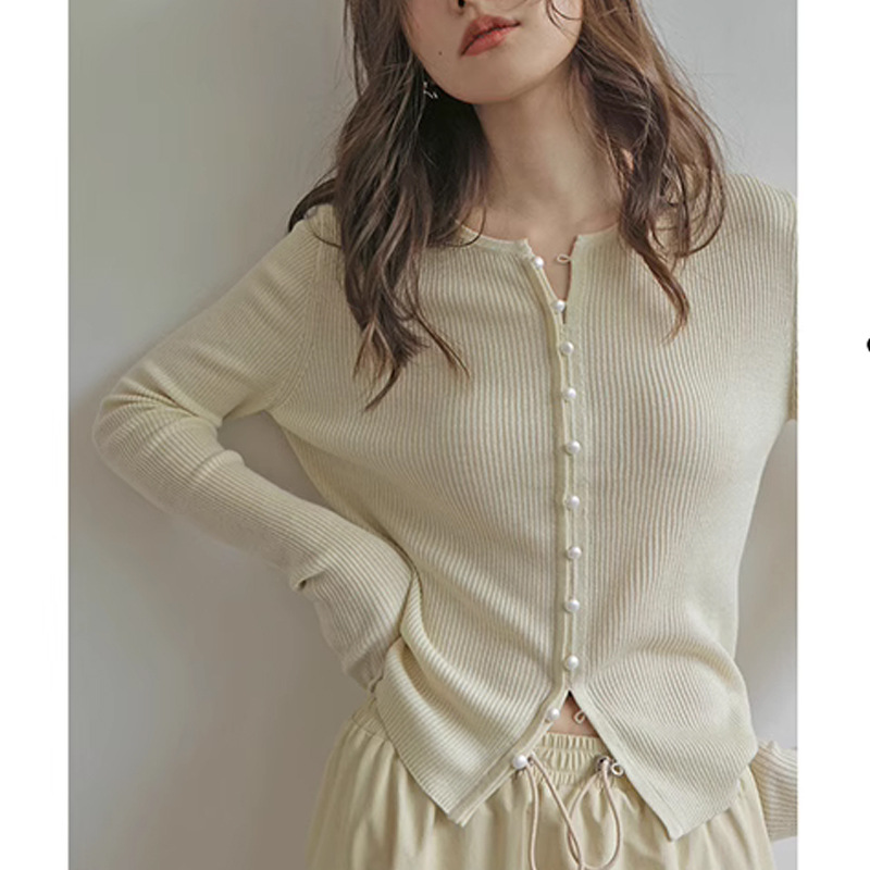 Lazy Elegant Wool White Base Shirt Spring Women's Long-sleeved Slim Knitted Cardigan Sweater