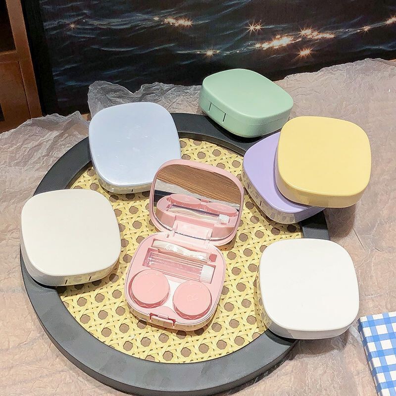 Ins Macaron Contact Lens Storage Box Simple Portable Companion Box Care All-In-One Contact Lens Box with Mirror