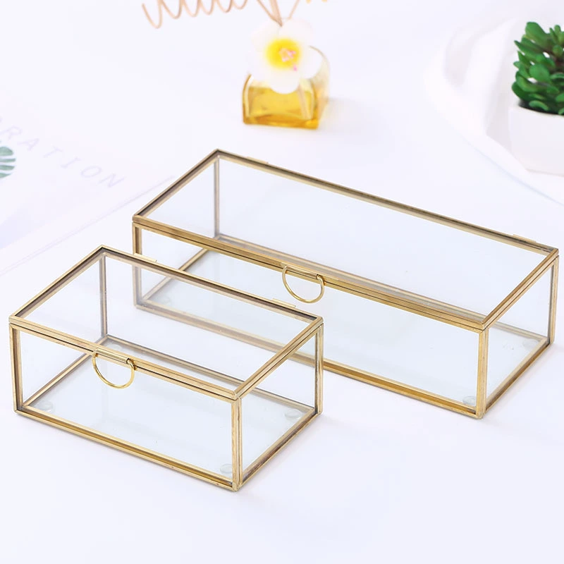 Стеклянная шкатулка для драгоценностей, прямоугольная, в европейском стиле, легкая, роскошная, кисточка для макияжа, карандаш для бровей, органайзер для хранения свадебного подарка, коробка с золотым краем