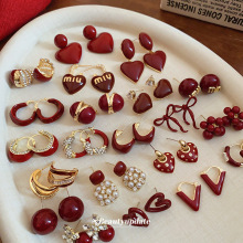 安可拉红树脂圆球耳钉女小众复古港风耳环时尚轻奢耳饰高级感批发