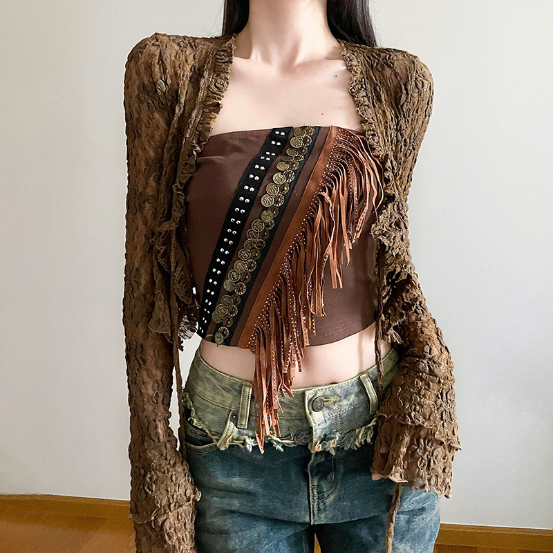 Post-Apocalyptic Lace Kimono Cardigan - Vintage Distressed Floral Embroidery, Bohemian Fringe Vest For Women, Edgy Layering Piece_ecoleips.com