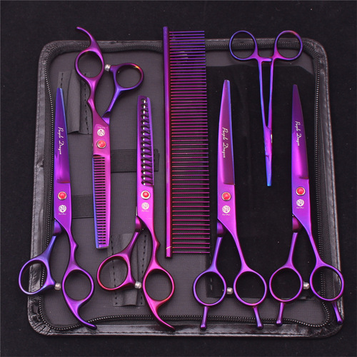 Purple Dragon Pet Scissors 7.0-inch Grooming Set Straight Scissors Curved Scissors Tooth Scissors Fish Bone Scissors Hair Trimmer Dog Grooming Tool