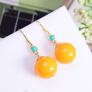 Beeswax earrings S925 silver simple versatile round earrings fashion temperament chicken yellow amber elegant women's earrings