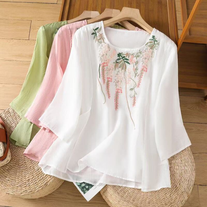 New Literary Retro Round Neck Cotton and Linen Embroidered Shirt for Women 2025 Summer New Loose and Elegant Top New Literary Retro Round Neck Cotton and Linen Embroidered Shirt for Women 2025 Summer New Loose and Elegant Top