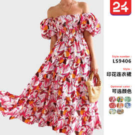 2025年新款跨境欧美女装波西米亚印花一字肩度假风性感宽松连衣裙
