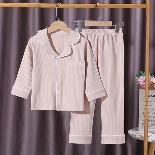  Autumn/Winter New Middle-Size Children's Solid Color Cotton Fleece Long-Sleeve Pajama Set with Casual Collar Knit Top
