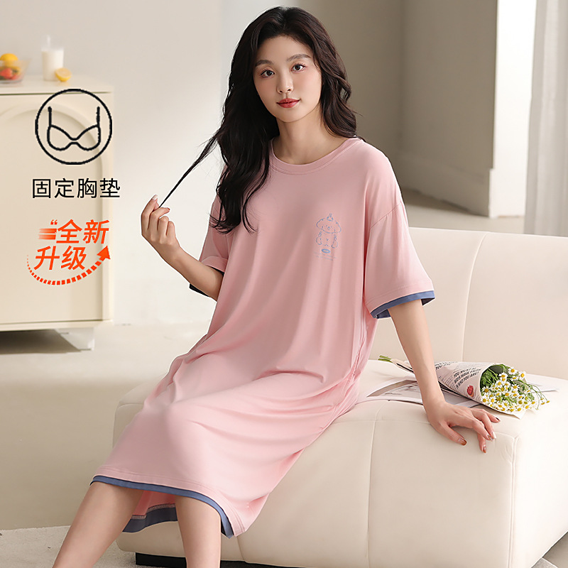 Modal vestido de pijama de mujer nuevo estilo con cojín de pecho ropa para el hogar de verano fría delgada se puede usar vestido de pijama cómodo de manga corta