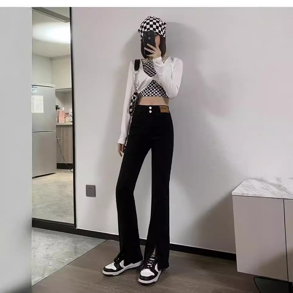 Korean-style Micro-lar Jeans Female Students Spring and Autumn High Waist Micro-elastic New Split Slim Slim Look High Horn Pants