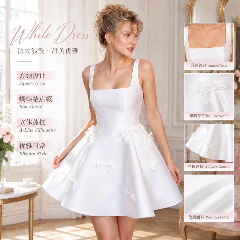French-style square neckline, lightweight wedding dress with a bow embellishment, puffy skirt, perfect for a registry photoshoot or a romantic date, white mini dress French-style square neckline, lightweight wedding dress with a bow embellishment, puffy skirt, perfect for a registry photoshoot or a romantic date, white mini dress