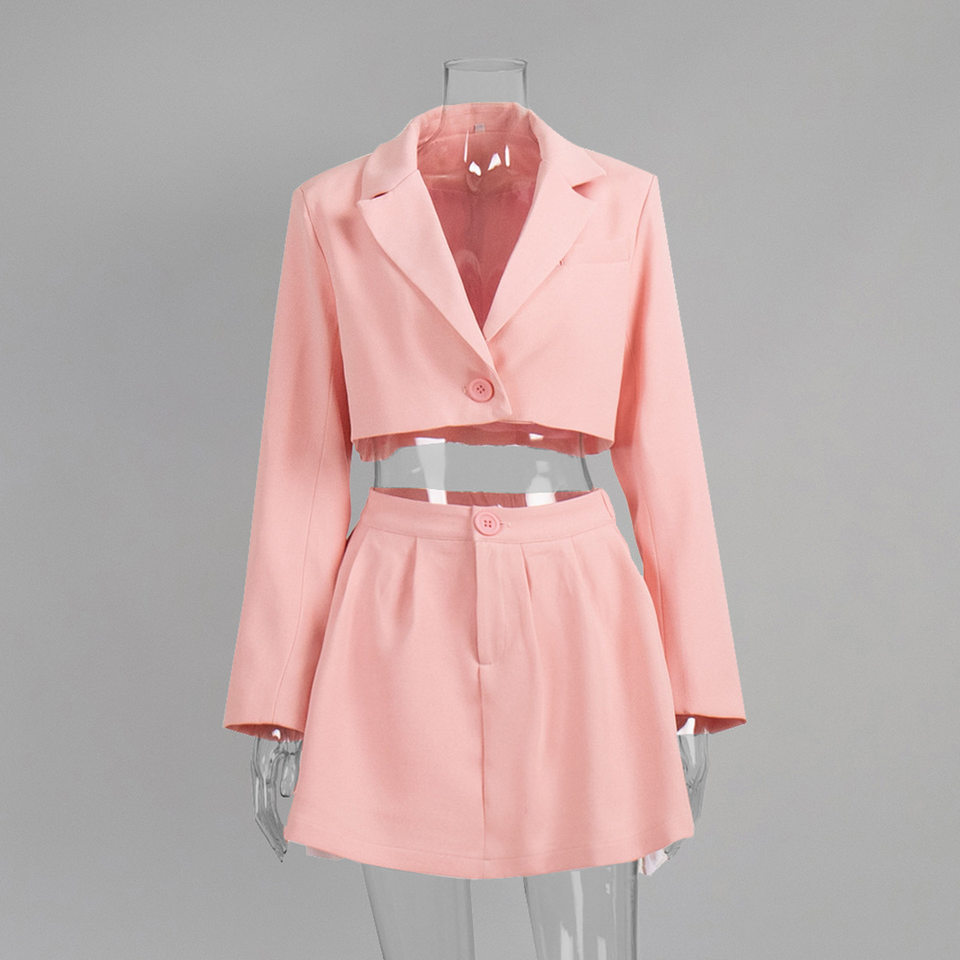 Bộ vest blazer dáng ngắn cổ ve áo kèm chân váy siêu ngắn dài tay — Màu hồng, Màu hồng nhạt, Màu đen, Tất cả các màu đều có trong kho, size L trọng lượng: 670g chi tiết 5