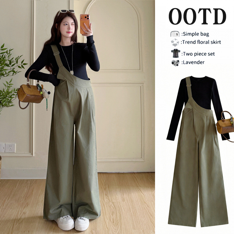 Early Spring Army Green Workwear High-Waisted Slimming Loose Wide-Leg Pants Overalls for Pregnant Women, Paired with a 2-Piece Set