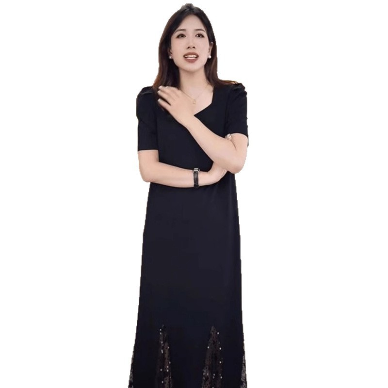 大码2-300斤胖mm宽松气质蕾丝拼接短袖长款裙子遮肉显瘦连衣裙夏|undefined