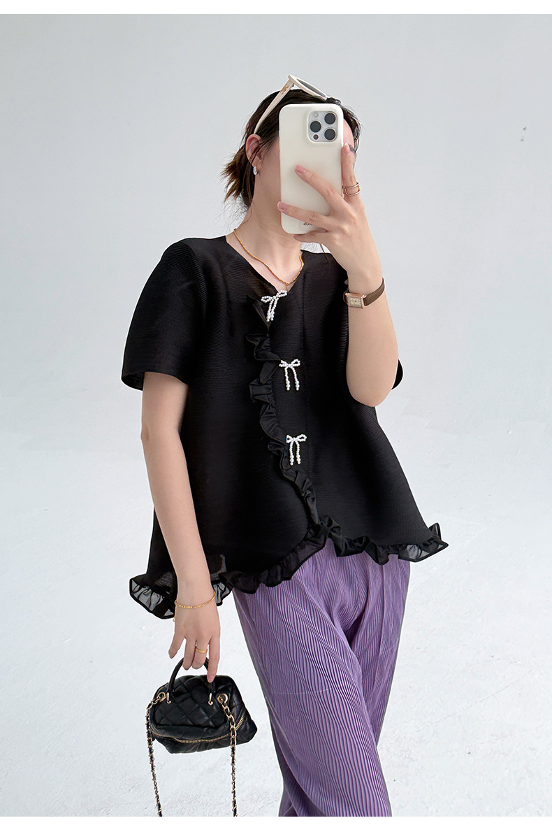 Áo thun nữ cổ tròn dáng rộng tay ngắn ren xếp ly bất đối xứng — đen chi tiết 16
