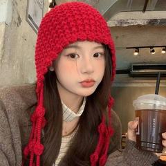 2025新款毛线针织帽子女出游百搭流苏穿搭套头冷帽红色复古包头帽