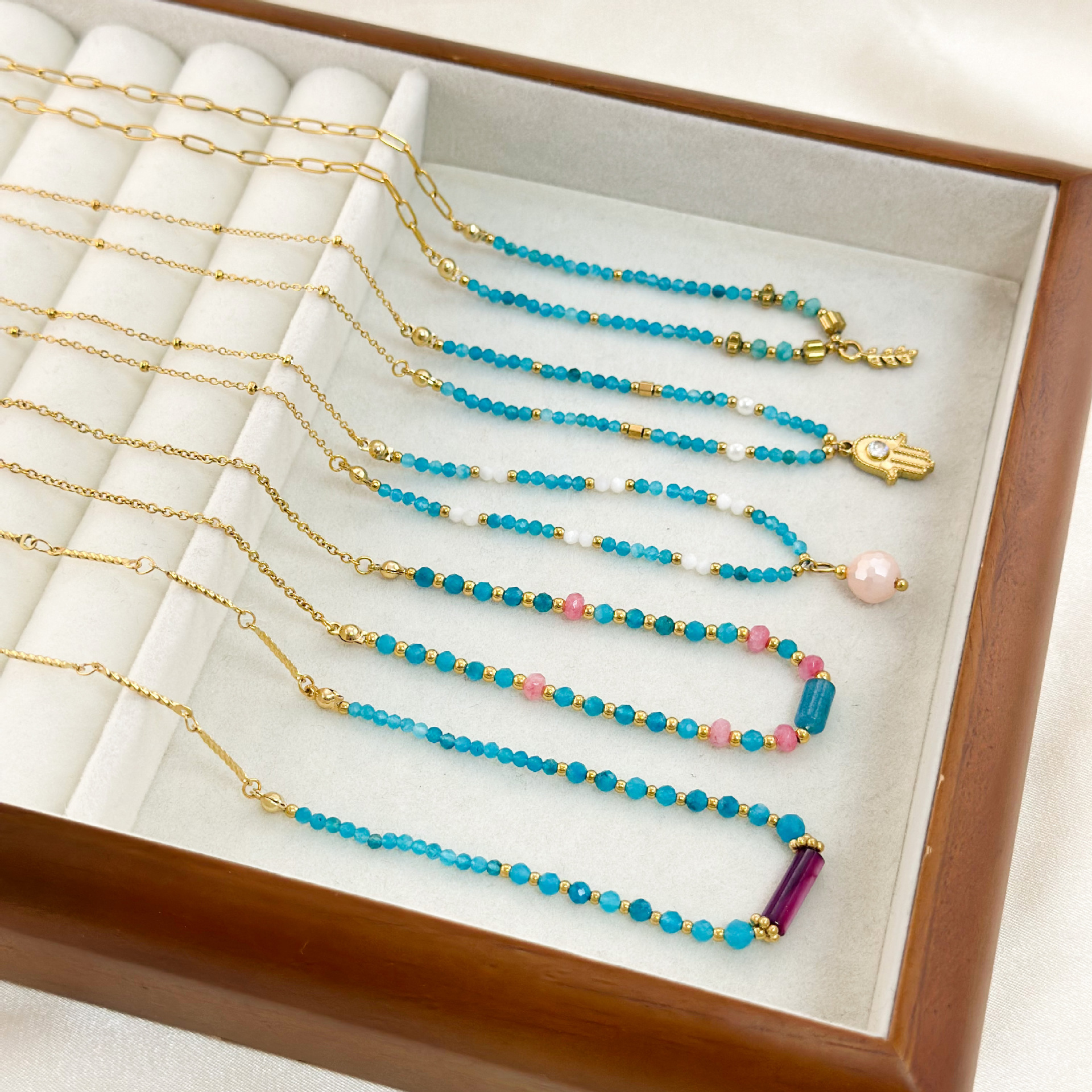 Plating Design Elegant Geometric 304 Stainless Steel Natural Stone Beaded Chain Cable Chain Pendant Necklace In Bulk