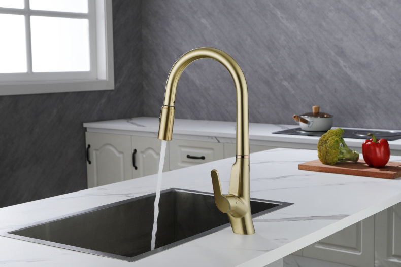 Konishi hydroelectric power digital display kitchen faucet pull-out sink faucet with brushed gold color Application Scenario