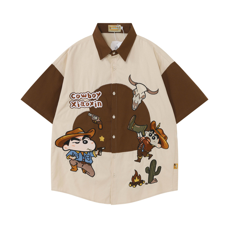American Retro Fun Western Cartoon Embroidered Color-Blocked Short-Sleeved Shirts for Men and Women, Loose Casual and Versatile Shirts for Couples