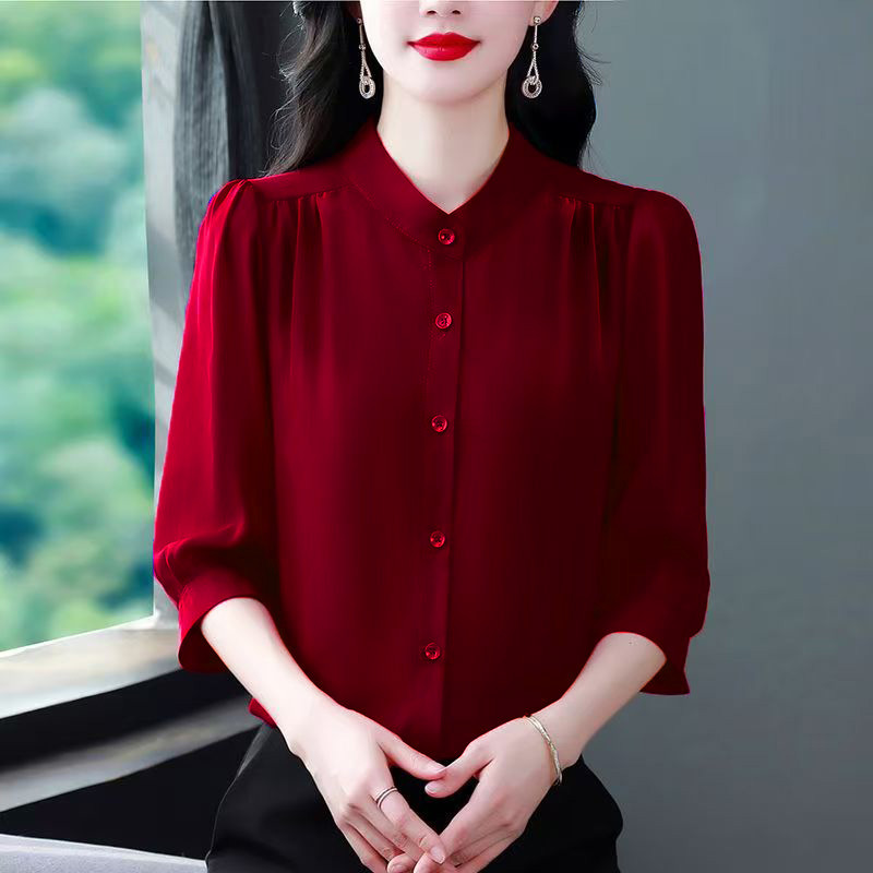 Summer and Autumn New Women's Shirts with Three-Quarter Sleeves, Elegant Solid Color Tops, Fashionable and Versatile, Age-Reducing Women's High-End Shirts Summer and Autumn New Women's Shirts with Three-Quarter Sleeves, Elegant Solid Color Tops, Fashionable and Versatile, Age-Reducing Women's High-End Shirts