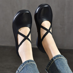 復古交叉帶外穿芭蕾舞平底鞋女2024早春款圓頭瑪麗珍鞋真皮單鞋女